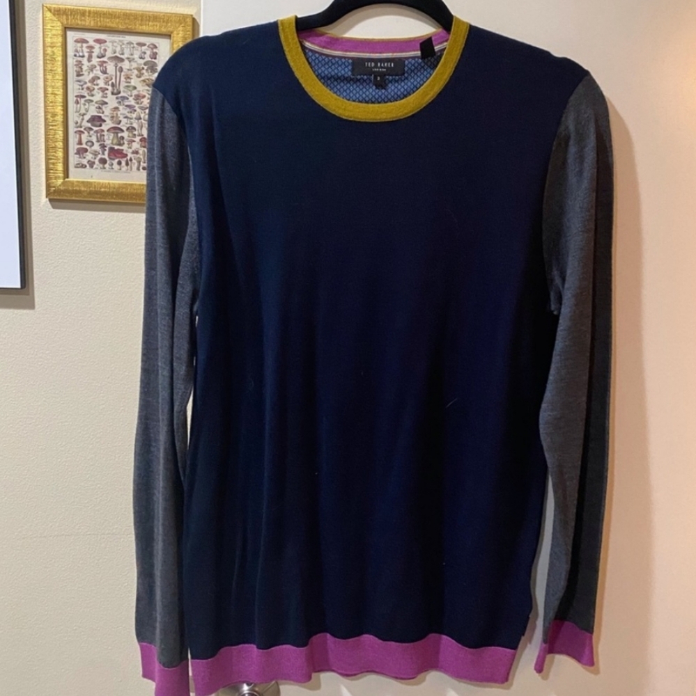 TED BAKER Multicolor Color block Merino Wool Sweater (Medium, 8)